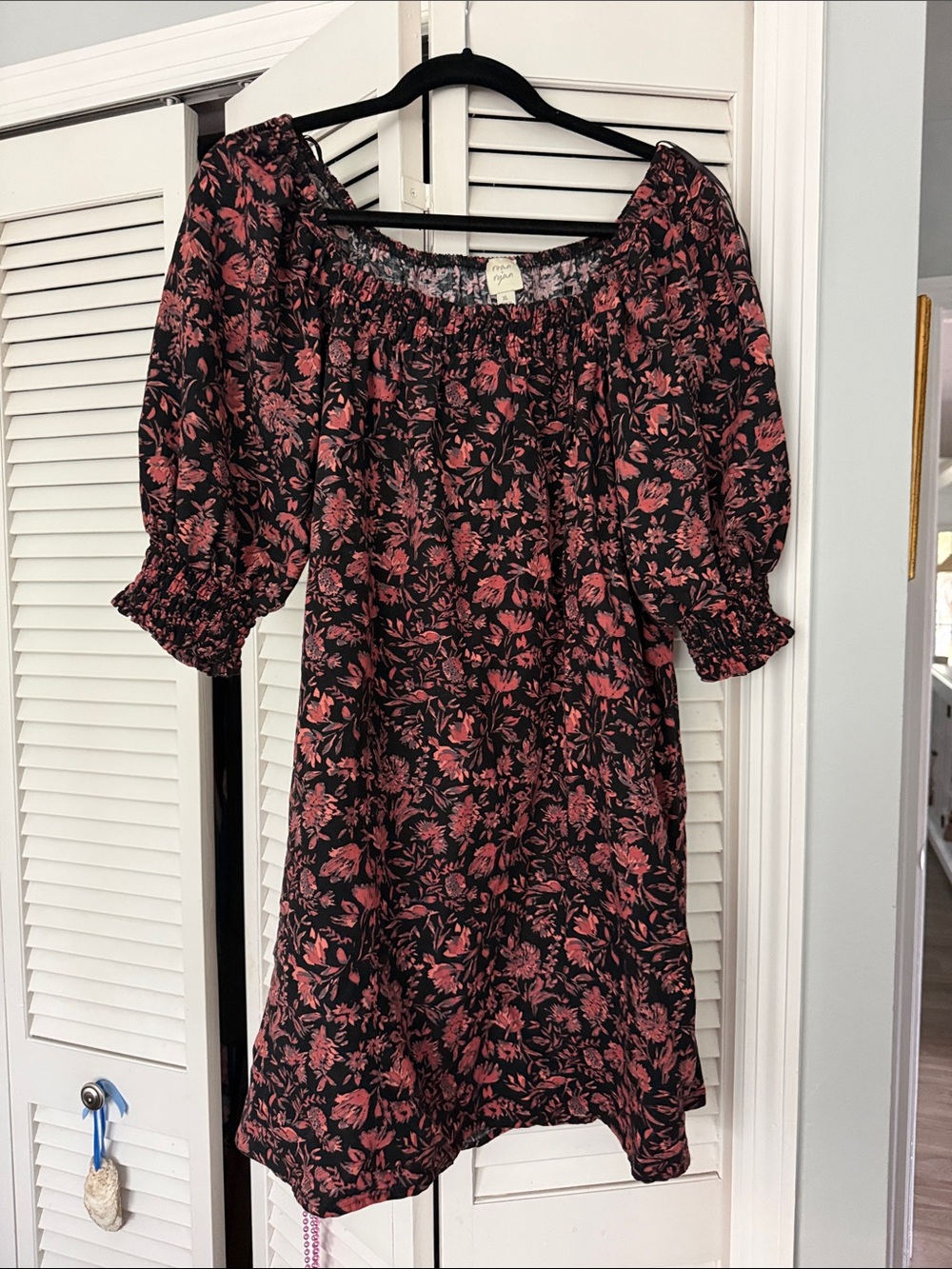 Smocked Off-Shoulder Mini Dress in Black with Rose Print